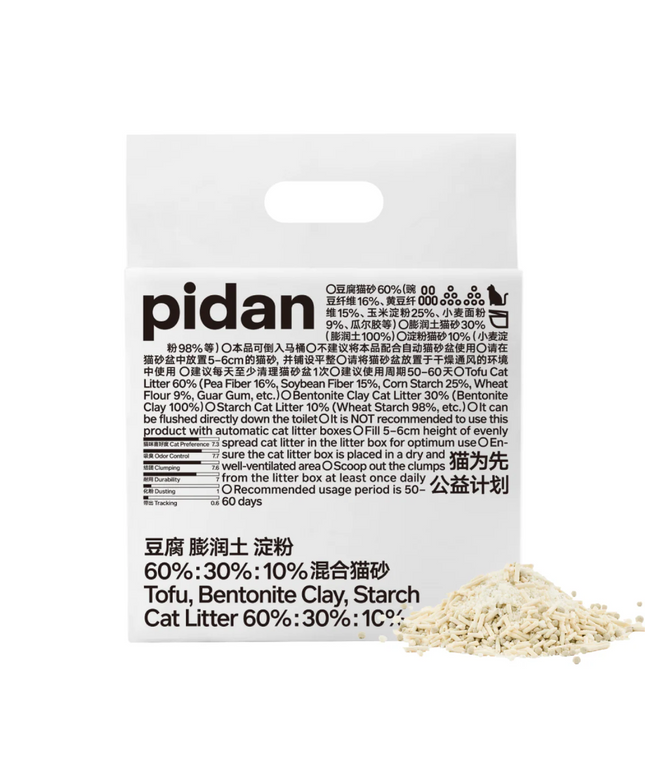 Pidan Tofu 60%, Bentonite Clay 30%, Strach 10% Cat Litter