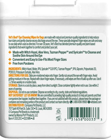 Vets Best Eye Cleansing Wipes for Dogs Aloe Vera & Witch Hazel 50ct