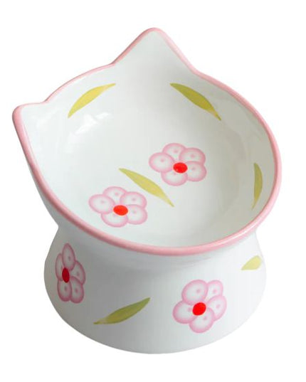 dexypaws® Raised Ceramic Cat Shape Cat Bowl - Pink & White