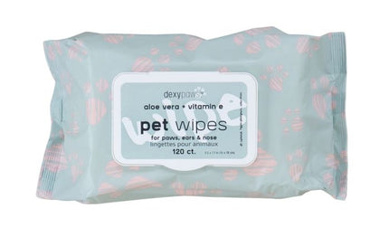 Dexypaws Cleansing Pet Wipes For Paws, Ears, & Nose, Aloe Vera & Vitamin E - 120 Count