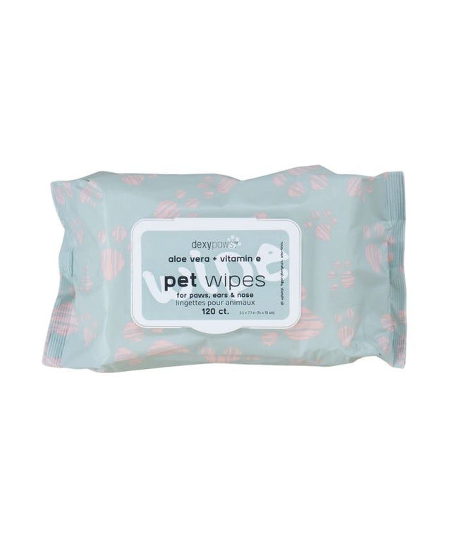 Dexypaws Cleansing Pet Wipes For Paws, Ears, & Nose, Aloe Vera & Vitamin E - 120 Count