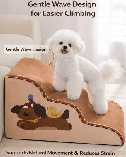 Hipidog™ SoftStep Wave Pet Ramp – Non-Slip, Shock-Absorbing Dog Stairs for Small & Senior Pets - Brown