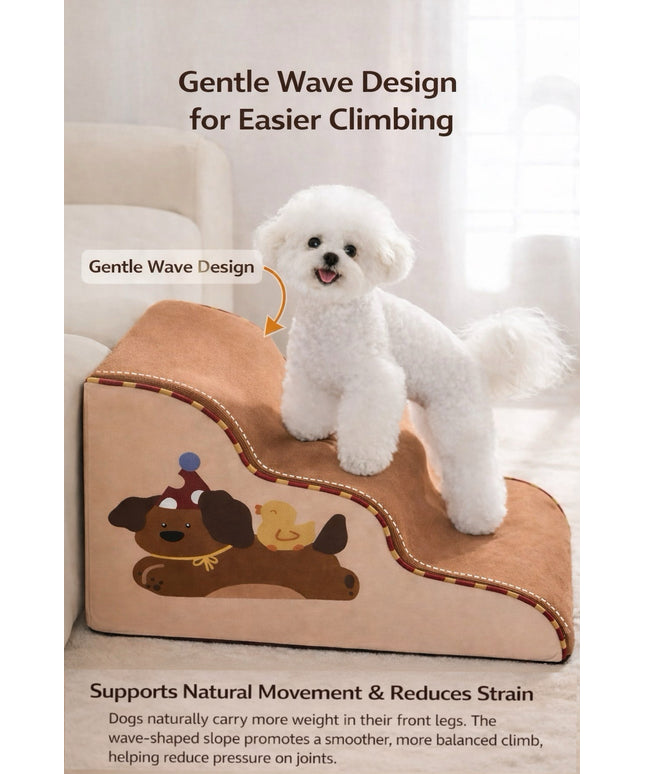 Hipidog™ SoftStep Wave Pet Ramp – Non-Slip, Shock-Absorbing Dog Stairs for Small & Senior Pets - Brown