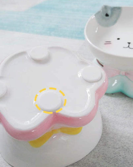 Cute Ceremic Pet Bowl Hand Drawn Raised for Healthier Height (Pink / Green)