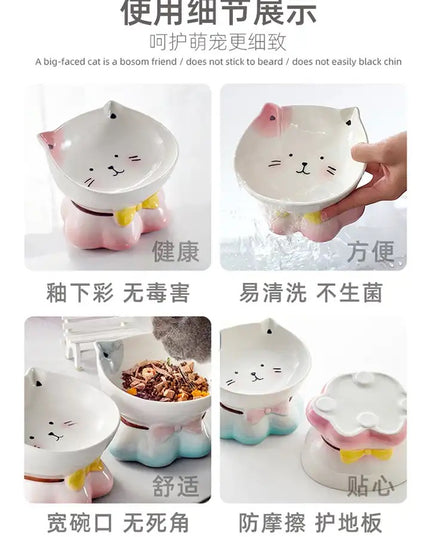 Cute Ceremic Pet Bowl Hand Drawn Raised for Healthier Height (Pink / Green)