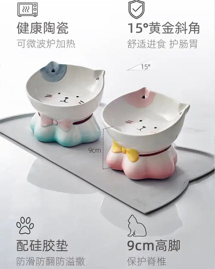 Cute Ceremic Pet Bowl Hand Drawn Raised for Healthier Height (Pink / Green)