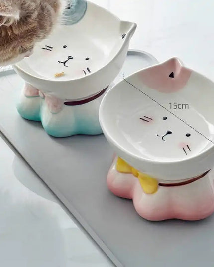 Cute Ceremic Pet Bowl Hand Drawn Raised for Healthier Height (Pink / Green)