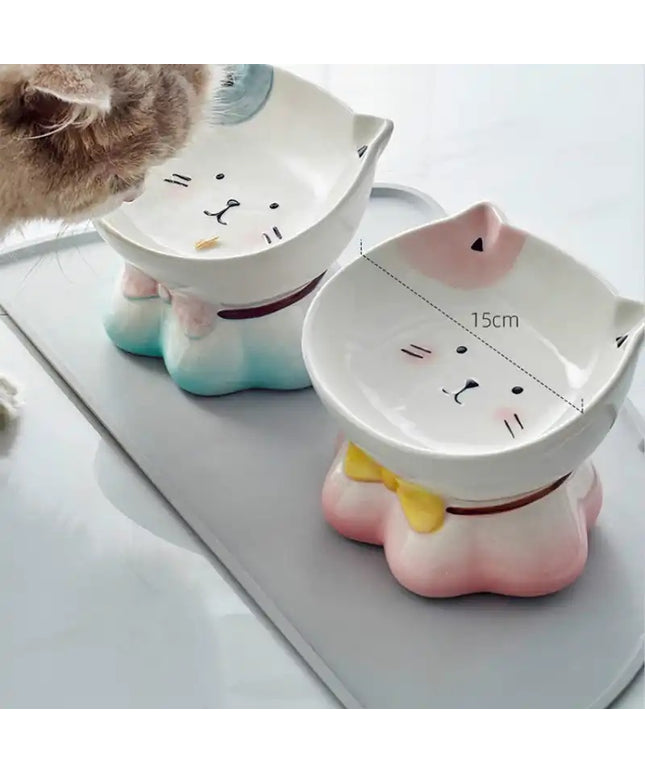 Cute Ceremic Pet Bowl Hand Drawn Raised for Healthier Height (Pink / Green)