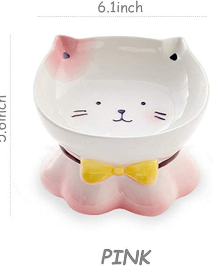 Cute Ceremic Pet Bowl Hand Drawn Raised for Healthier Height (Pink / Green)