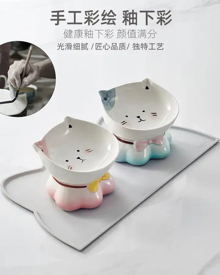 Cute Ceremic Pet Bowl Hand Drawn Raised for Healthier Height (Pink / Green)