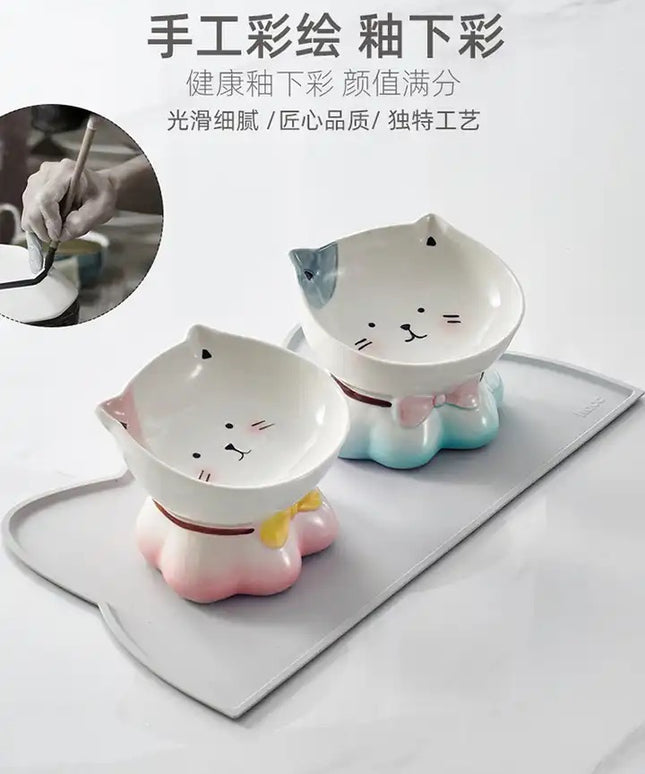 Cute Ceremic Pet Bowl Hand Drawn Raised for Healthier Height (Pink / Green)