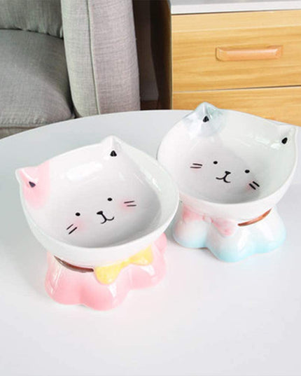 Cute Ceremic Pet Bowl Hand Drawn Raised for Healthier Height (Pink / Green)
