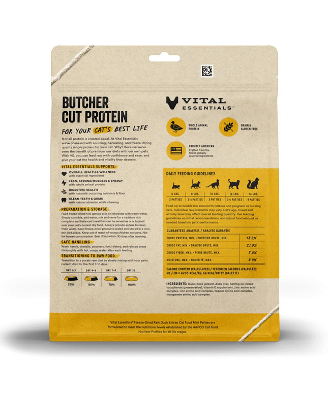 Vital Essentials Freeze-Dried Raw Duck Entrée for Cats - Mini Patties - 2 Sizes