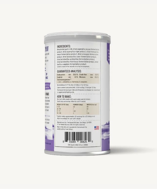 Honest Kitchen Instant Goat's Milk (Powder) with Probiotic for Pets - 147.4g/5.2oz